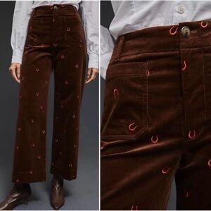 Maeve Chocolate Corduroy Pants with Pink Embroidery